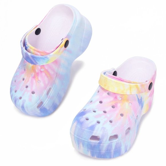 NEW🔥 Pastel Tie Dye Classic Platform Clogs Sandals Wedge Heel Slingback Slip-On - Picture 6 of 6
